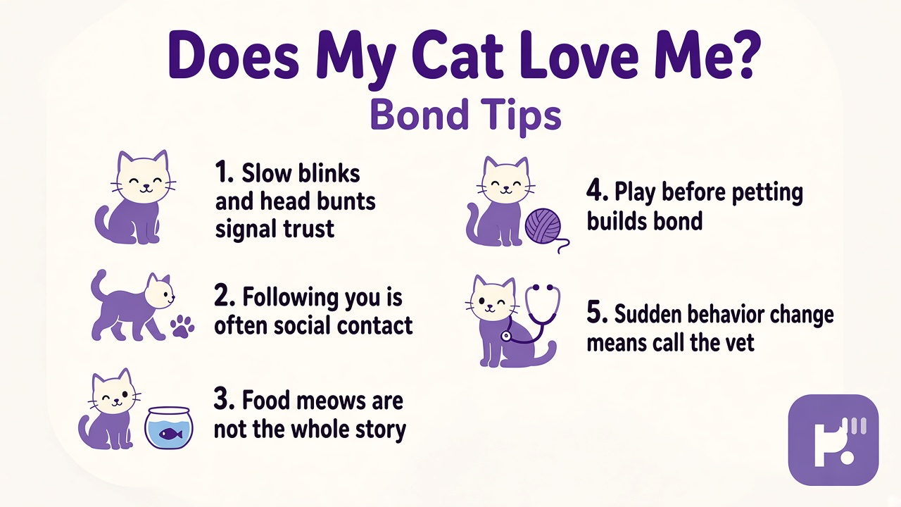 Cat bond tips on slow blinks, following you, play, trust signals, and sudden behavior changes