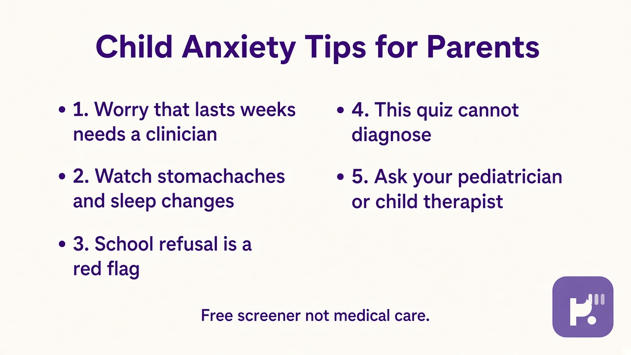Child anxiety tips on lasting worry, body signs, school refusal flags, quiz limits, and when to call a clinician