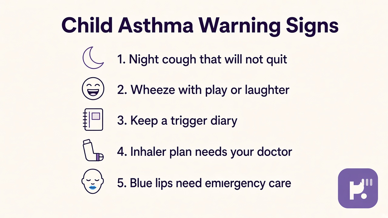 Child asthma tips on night cough, exertion wheeze, trigger diary, inhaler plans with clinicians, and emergency signs