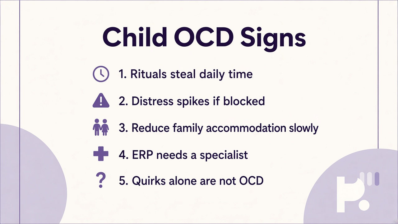 Child OCD tips on ritual time, distress when blocked, reducing accommodation, ERP with specialists, not quirky habits alone