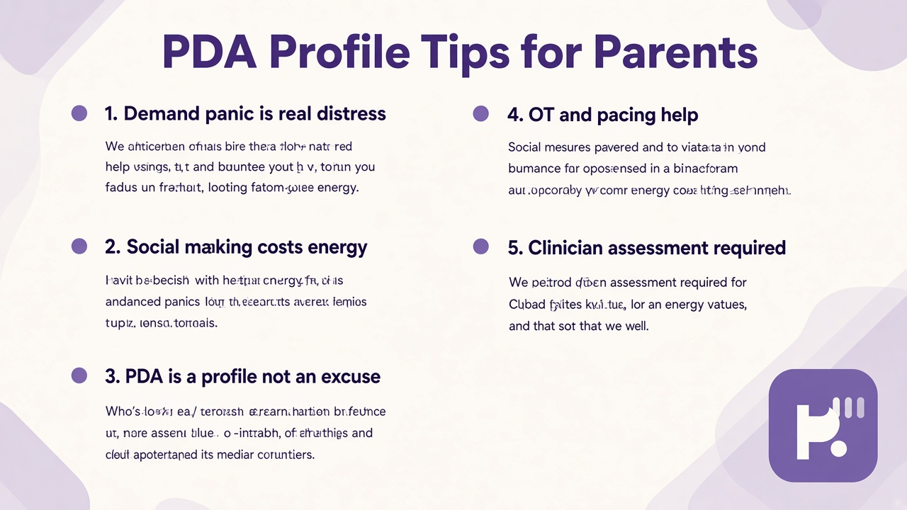 Child PDA tips on demand panic, masking, flexible support, OT and clinician assessment, not an excuse for harm