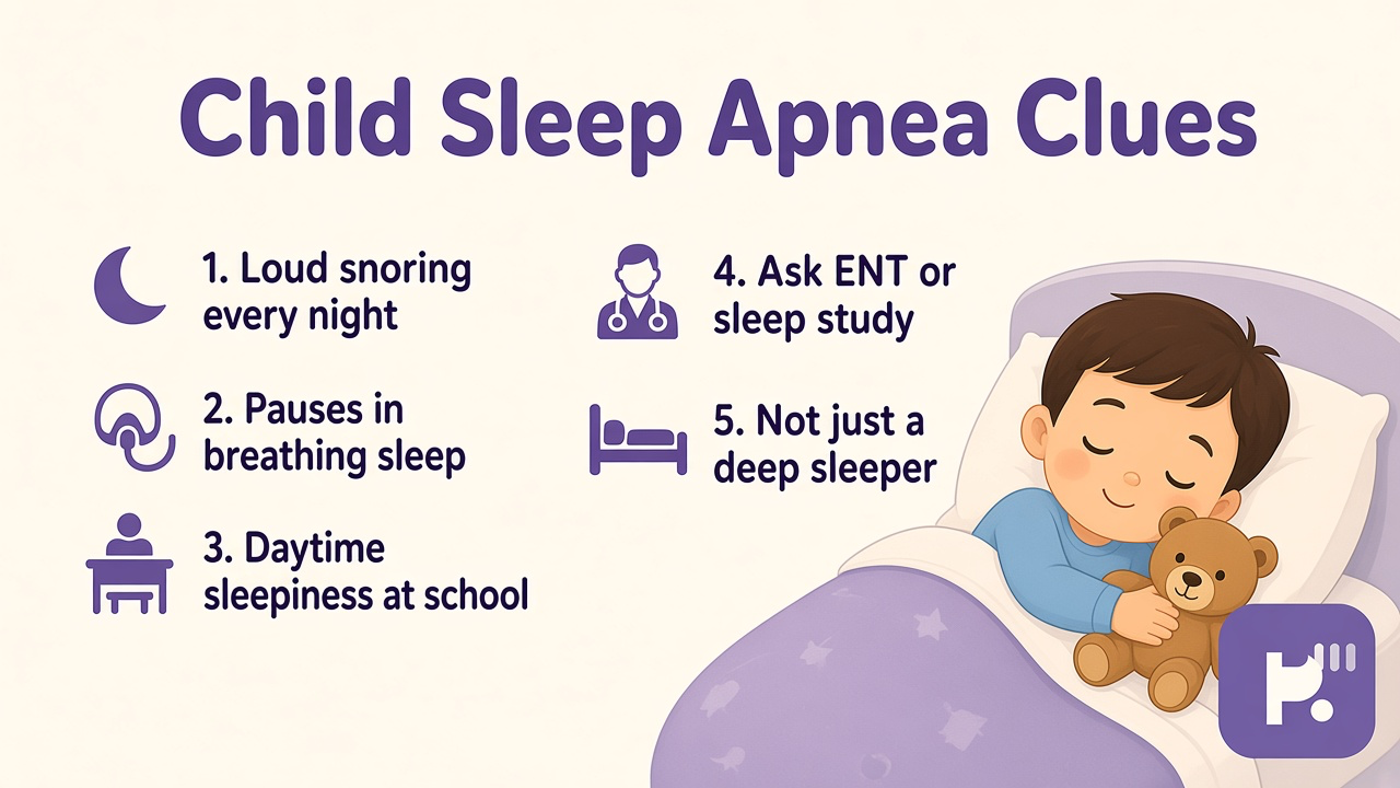 Child sleep apnea tips on loud snoring, breathing pauses, daytime sleep, pediatric visit, not deep sleep only