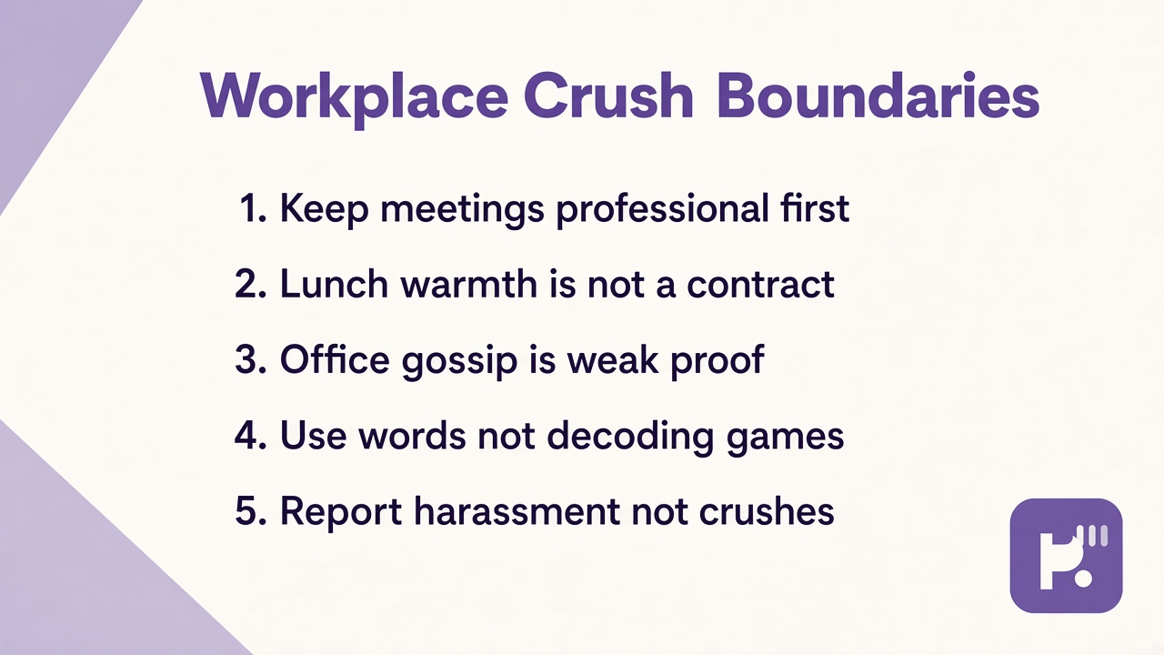 Workplace crush tips on professional tone, lunch signals, gossip limits, honest words, HR boundaries