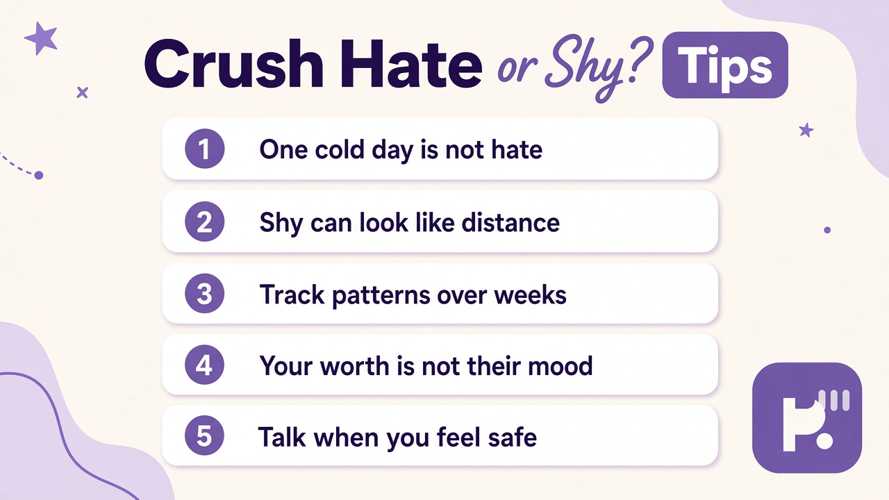 Crush cold signal tips on shy versus busy, patterns not one day, self-worth, safe talk, respect