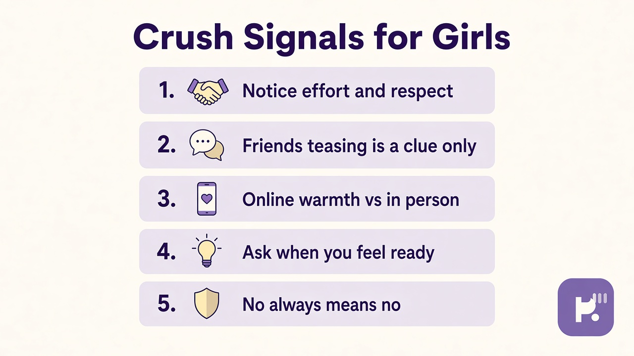 Crush signs for girls tips on effort, friend teasing, online warmth, asking when ready, no means no