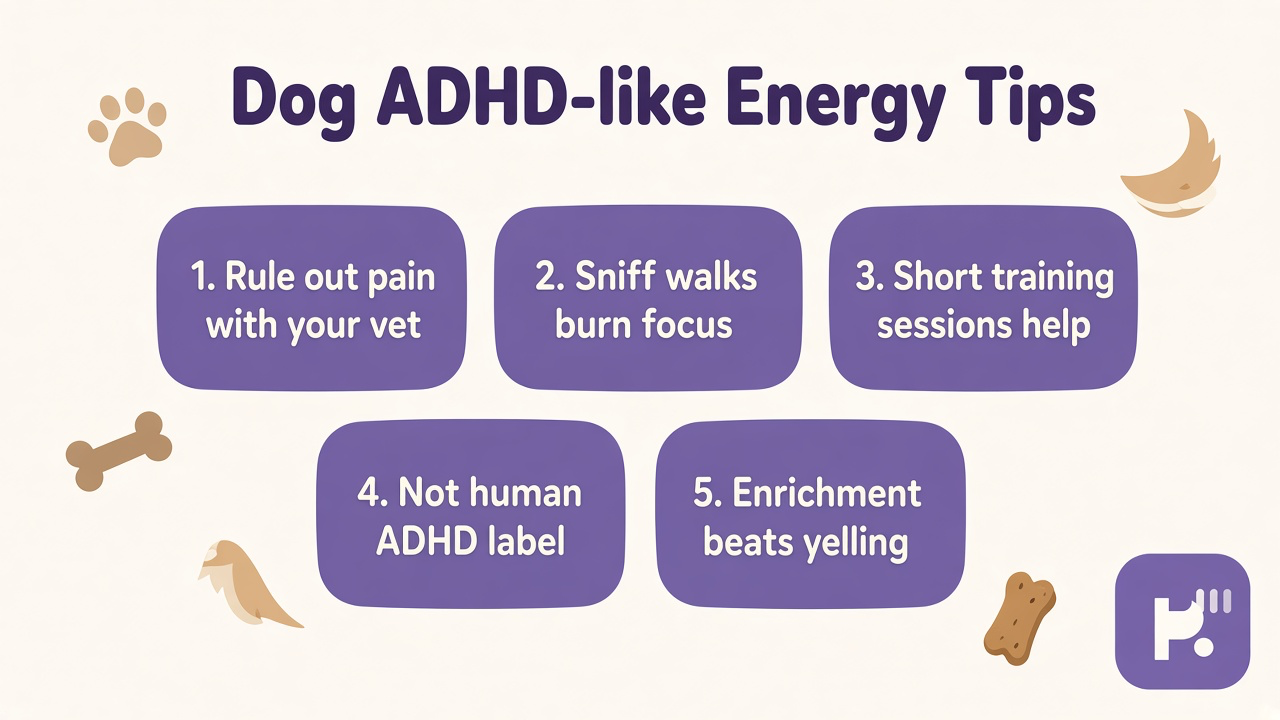 Dog hyperactivity tips on sniff hyperfocus, impulsive jumping, vet pain rule-out, enrichment, not human ADHD