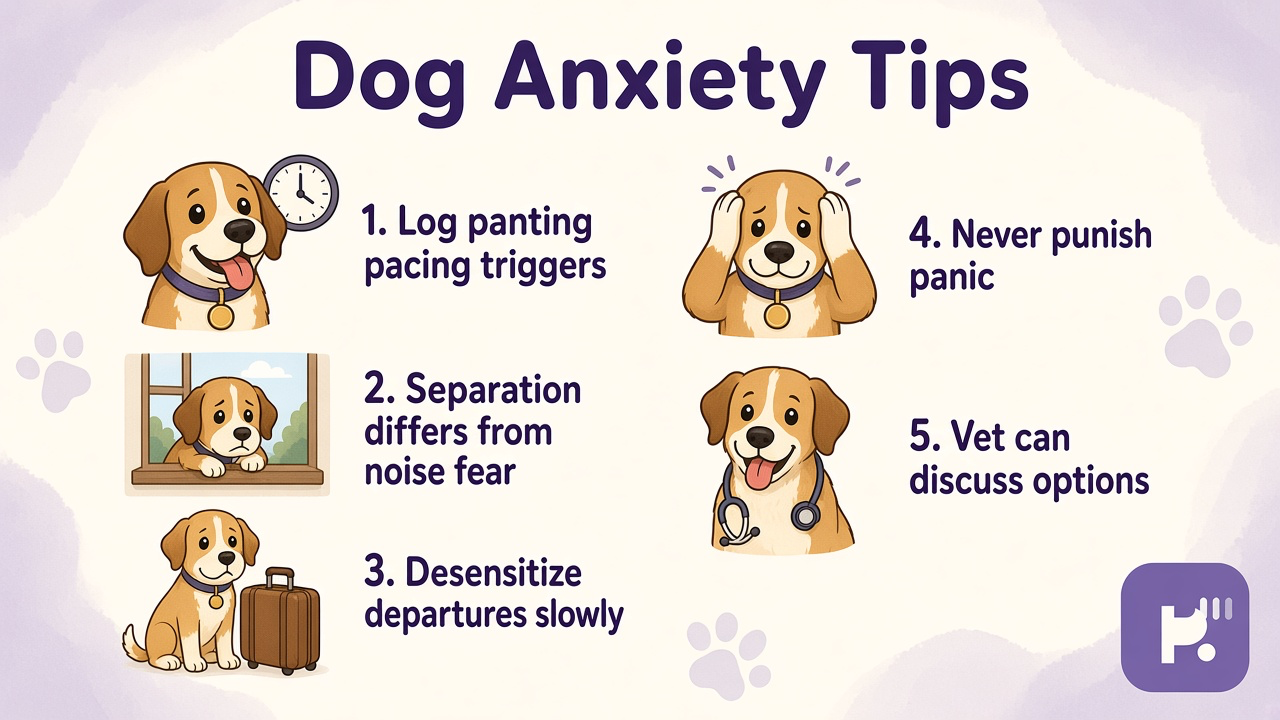 Dog anxiety tips on panting pacing trembling, trigger log, slow desensitization, vet meds talk, no punishment