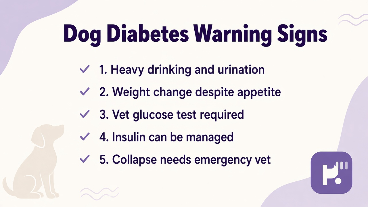 Dog diabetes tips on thirst and urination, weight change, vet glucose tests, insulin care, and emergency red flags