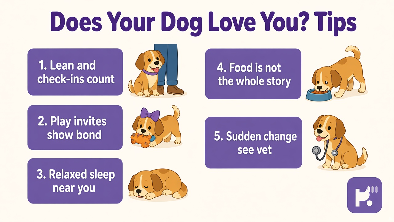 Dog bond tips on leaning in, play invites, relaxed sleep near you, food is not the whole story, sudden change see vet