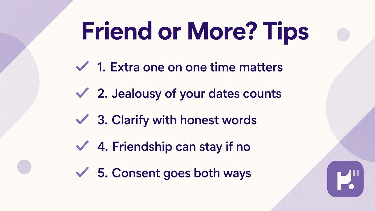 Friend like signals tips on one-on-one time, jealousy of dates, clarify with words, preserve friendship, consent both ways
