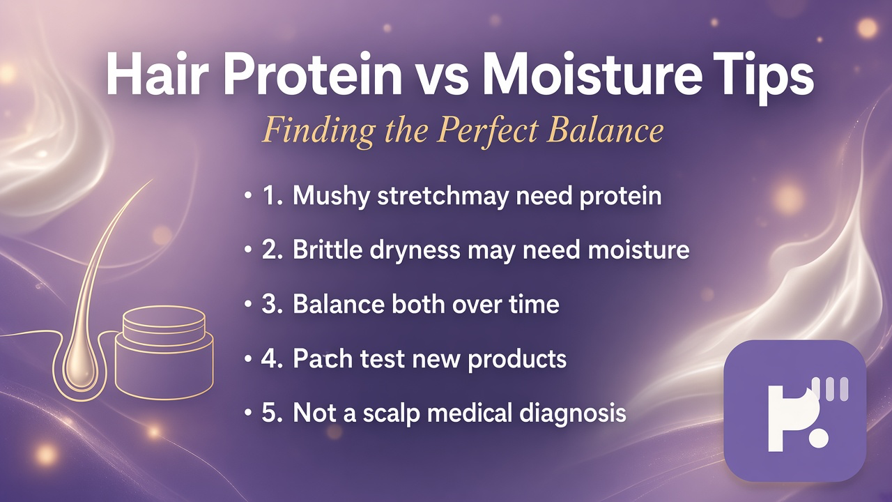 Hair balance tips on stretchy mush, dry brittle strands, protein moisture balance, patch test, not scalp diagnosis