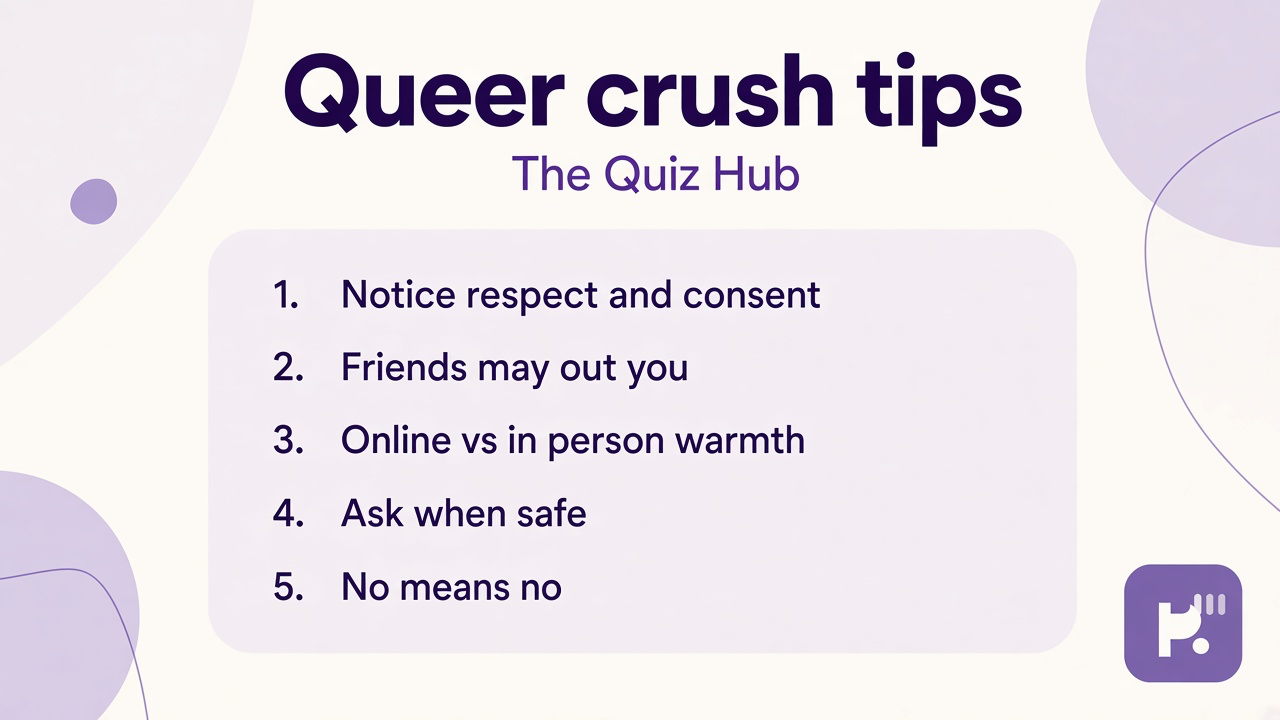 Queer crush tips on respect and consent, friends may out you, alone vs group warmth, ask when safe, no means no