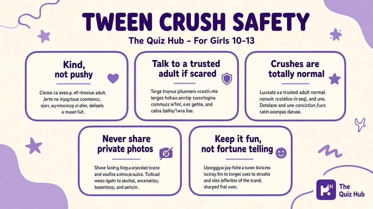 Tween crush tips: kind not pushy, tell a trusted adult, crushes are normal, no private photos, fun only