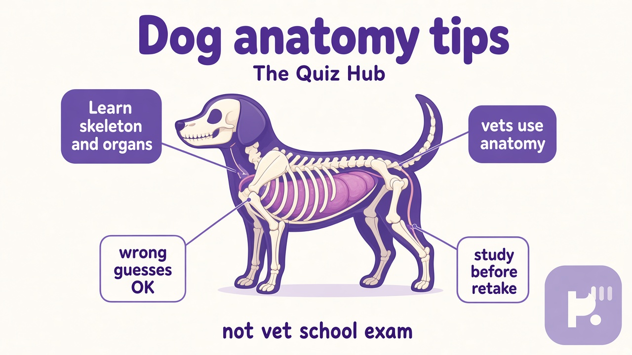 Dog anatomy tips: bones and organs for care, vets use this too, wrong guesses OK, study and retake, not vet school