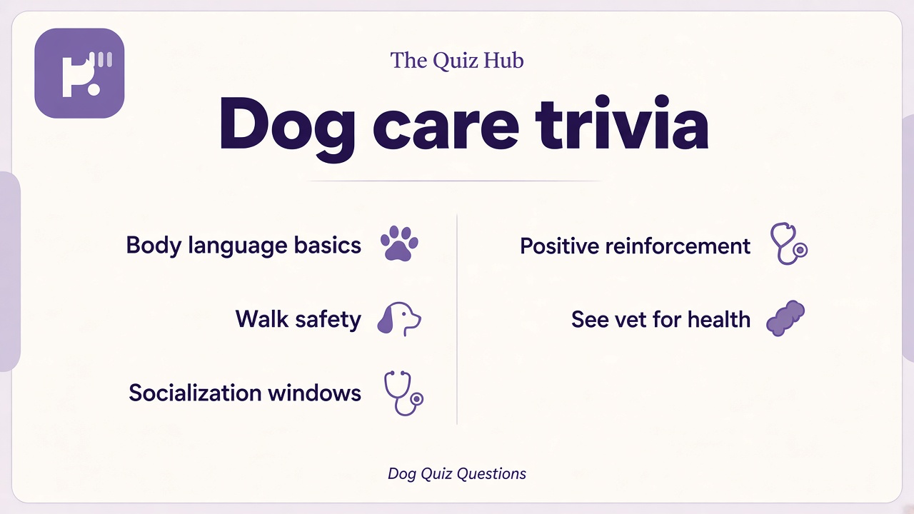 Dog trivia tips on tail wags, leash safety, puppy meet greets, reward timing, wrong guesses are okay, not a trainer exam