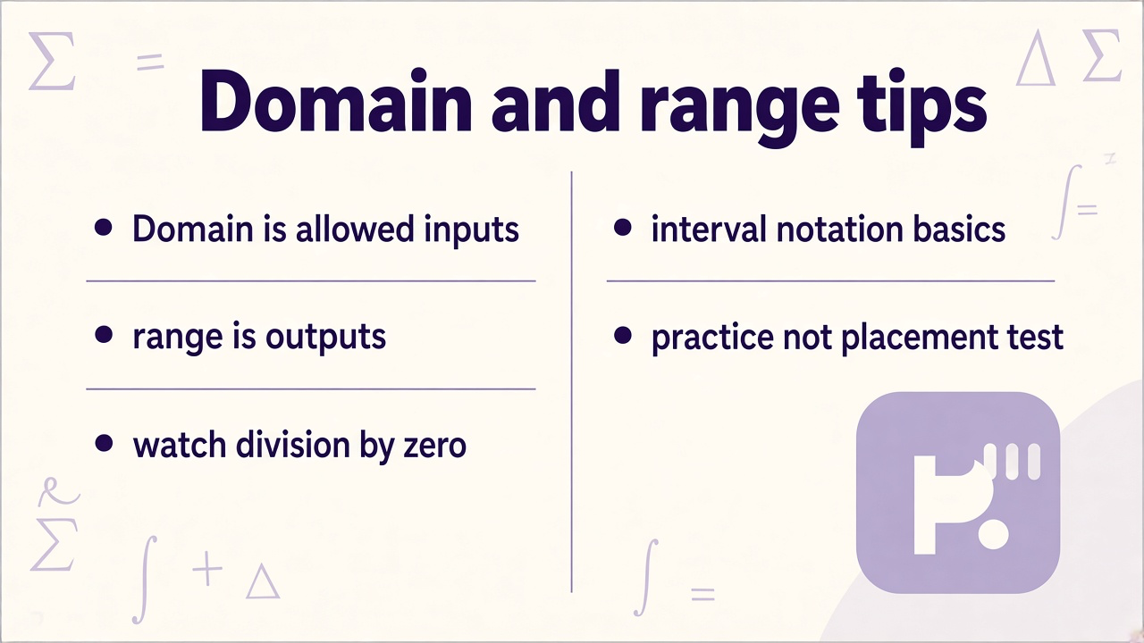 Domain and range tips on allowed inputs, outputs, division by zero, interval notation basics, practice not placement test