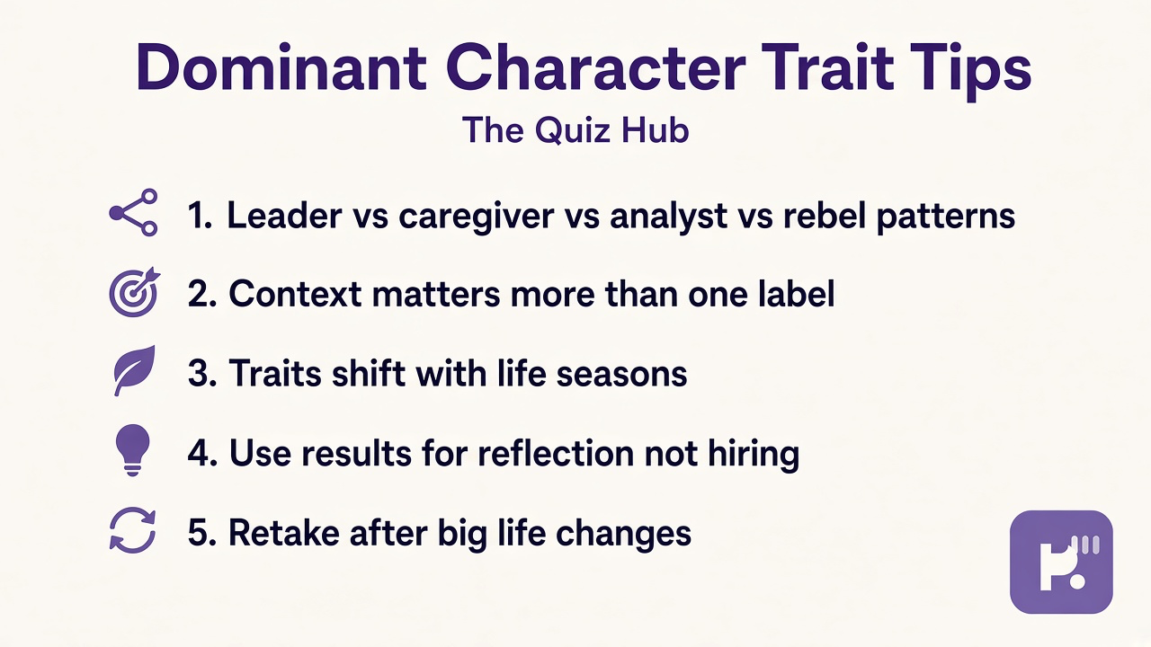 Trait tips: daily choices, four bars not one label, roles shift by context, reflection not diagnosis