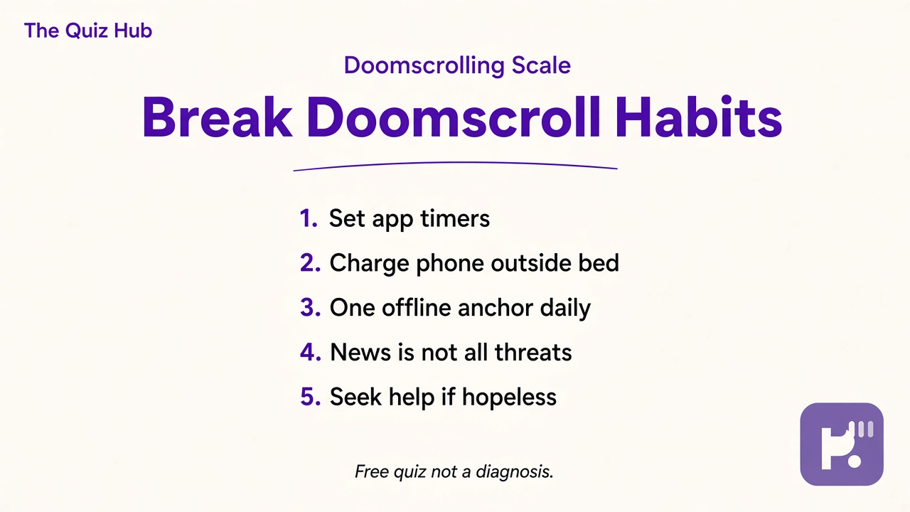 Doomscrolling tips on feed limits, mood after scroll, bedtime boundaries, offline coping, and crisis support