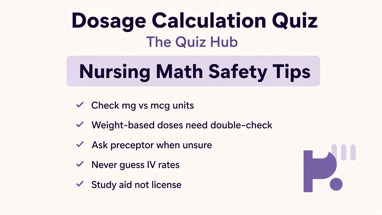 Dosage study tips on mg/kg setup, mg versus mL units, double-check habits, and unofficial practice not clinical license