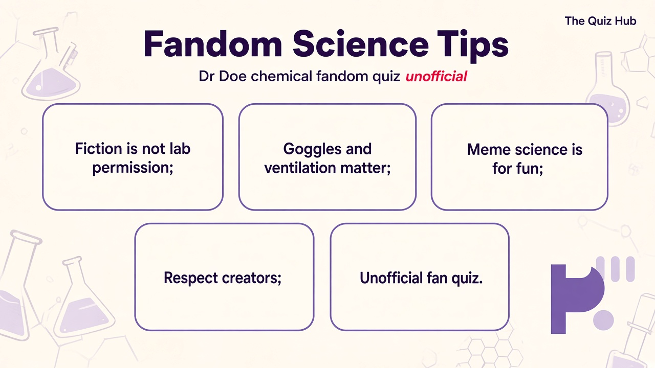 Dr Doe chemical quiz tips: real science basics, fiction vs lab reality, unofficial fandom, safe habits, fun not certification