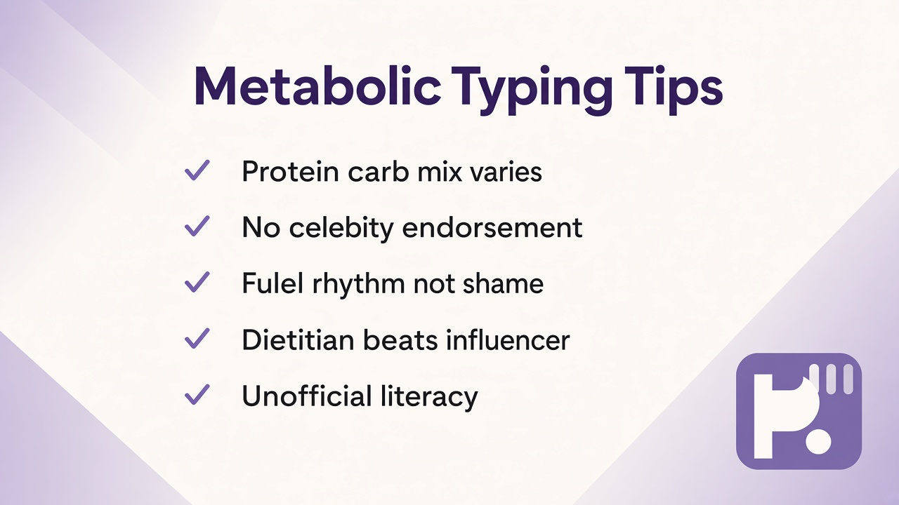 Metabolic typing tips: four bars not one label, unofficial, protein vs carb vs mixed, see a clinician