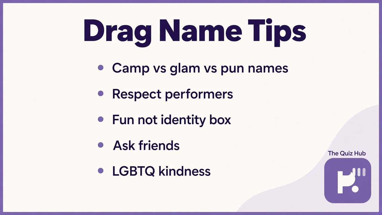 Drag name tips: stage glam, punny names, ballroom respect, fun only not identity box, LGBTQ+ kind