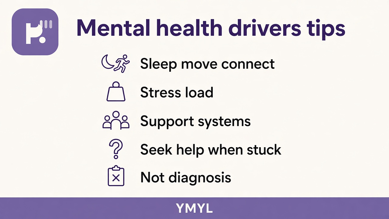 Mental health driver tips on sleep, movement, stress load, connection, seek help when stuck, not diagnosis