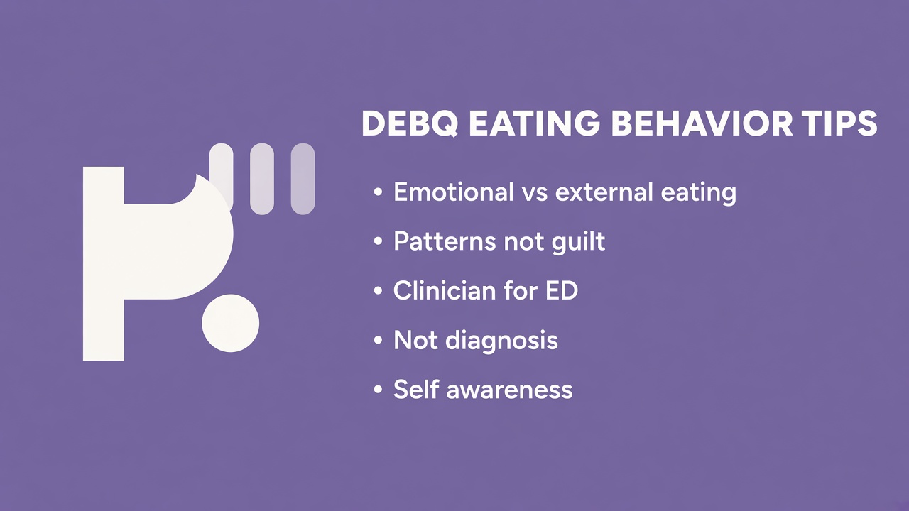 Eating behavior tips: emotional vs external cues, restraint without shame, pattern awareness, clinician not diagnosis
