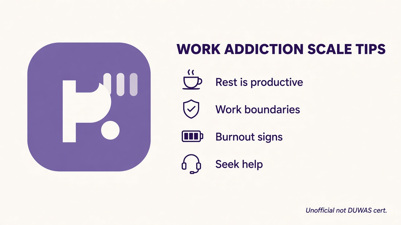 Work boundary tips on rest as productive, email limits, burnout signs, seek help, unofficial not DUWAS cert