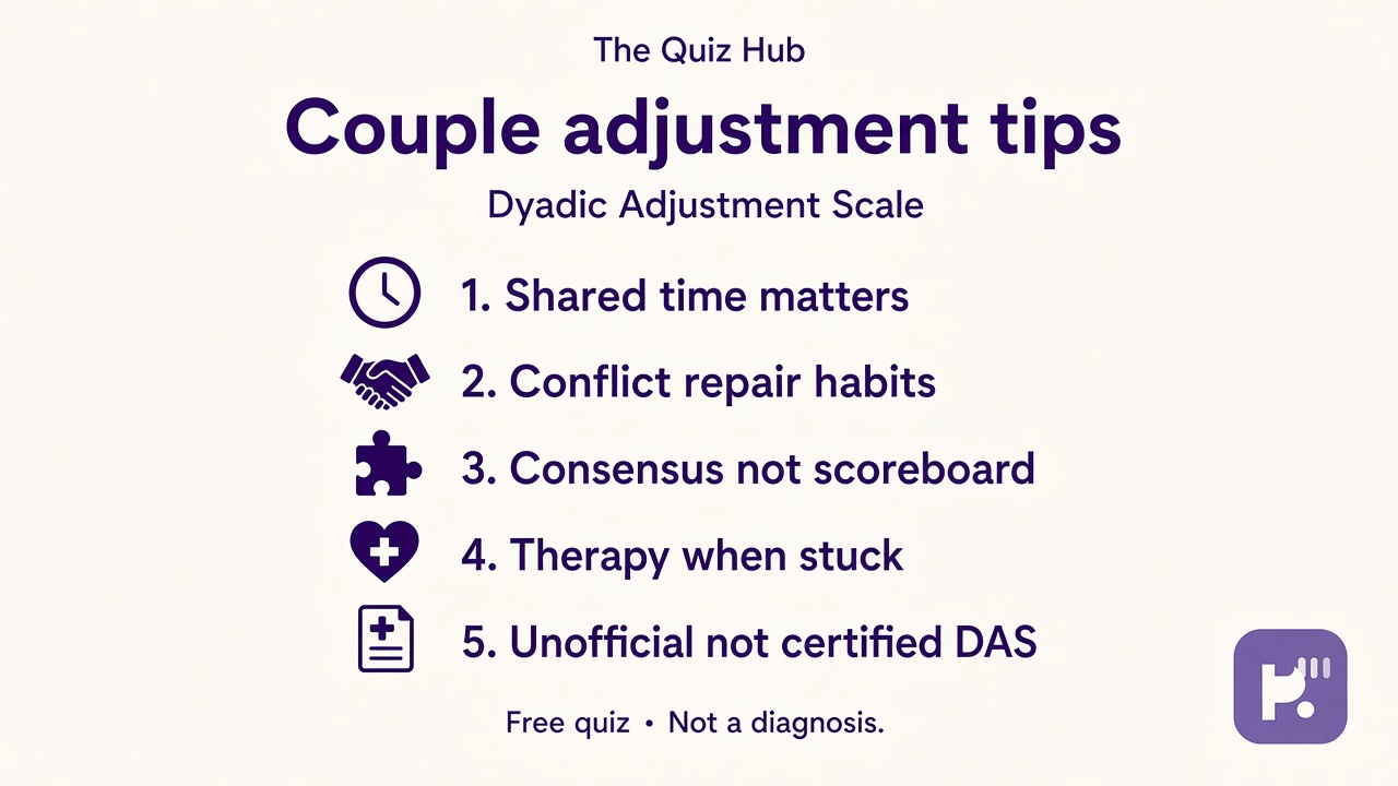 Couple adjustment tips on shared time, affection talk, conflict repair, realistic limits, therapy when stuck, not diagnosis