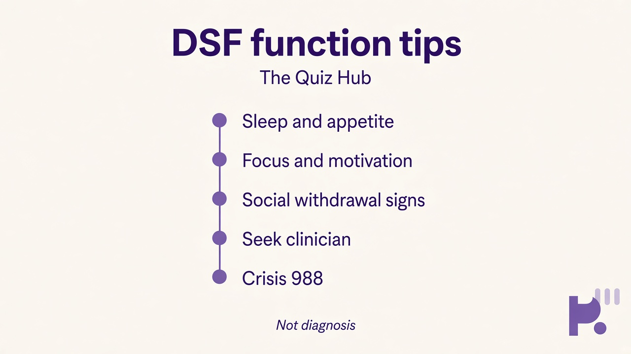 DSF daily function tips on sleep appetite, focus motivation, social withdrawal, seek clinician, crisis 988, not diagnosis