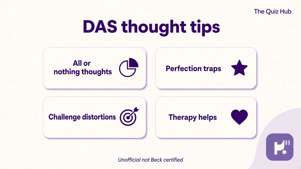 DAS tips on all or nothing thoughts, perfection traps, challenge distortions, therapy helps, unofficial not Beck certified