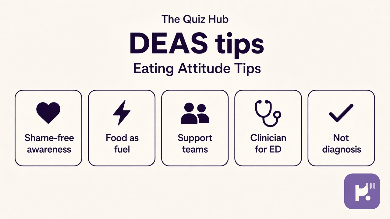 Eating attitude tips: shame-free awareness, food as fuel not punishment, support teams, clinician for ED, not diagnosis