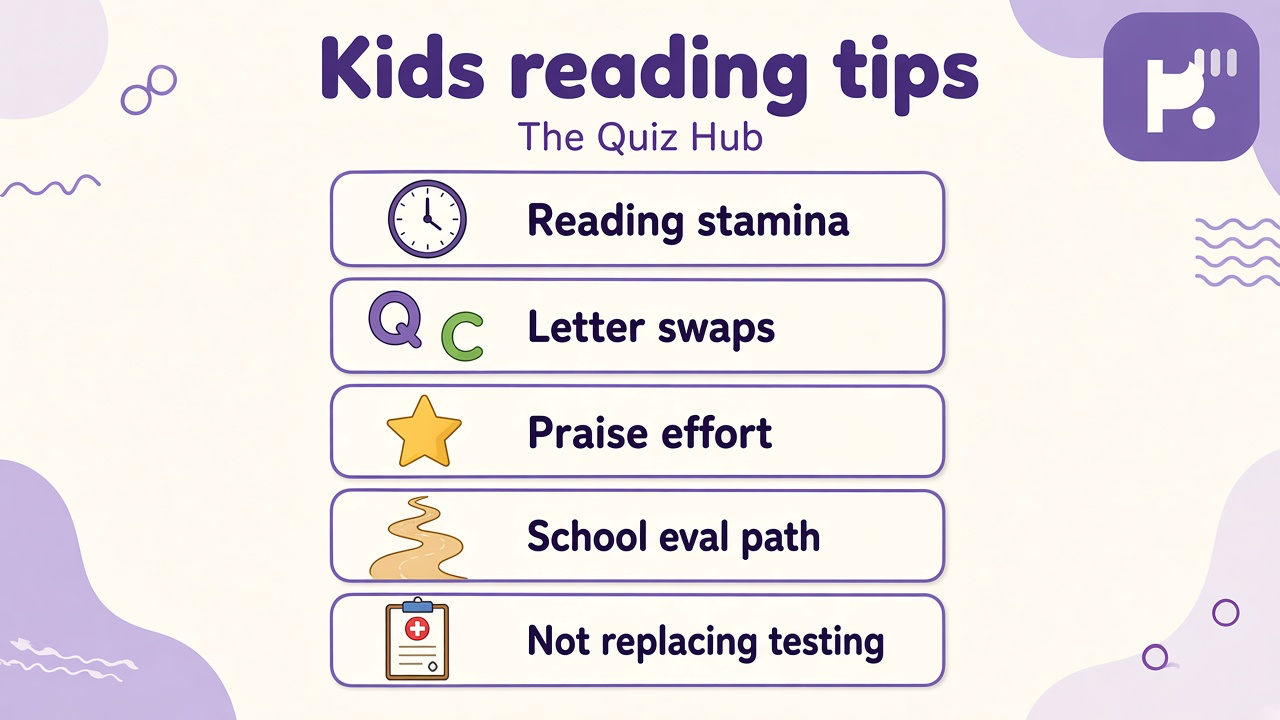 Kids dyslexia screener tips on reading stamina, letter swaps, praise effort, school eval path, not replacing testing