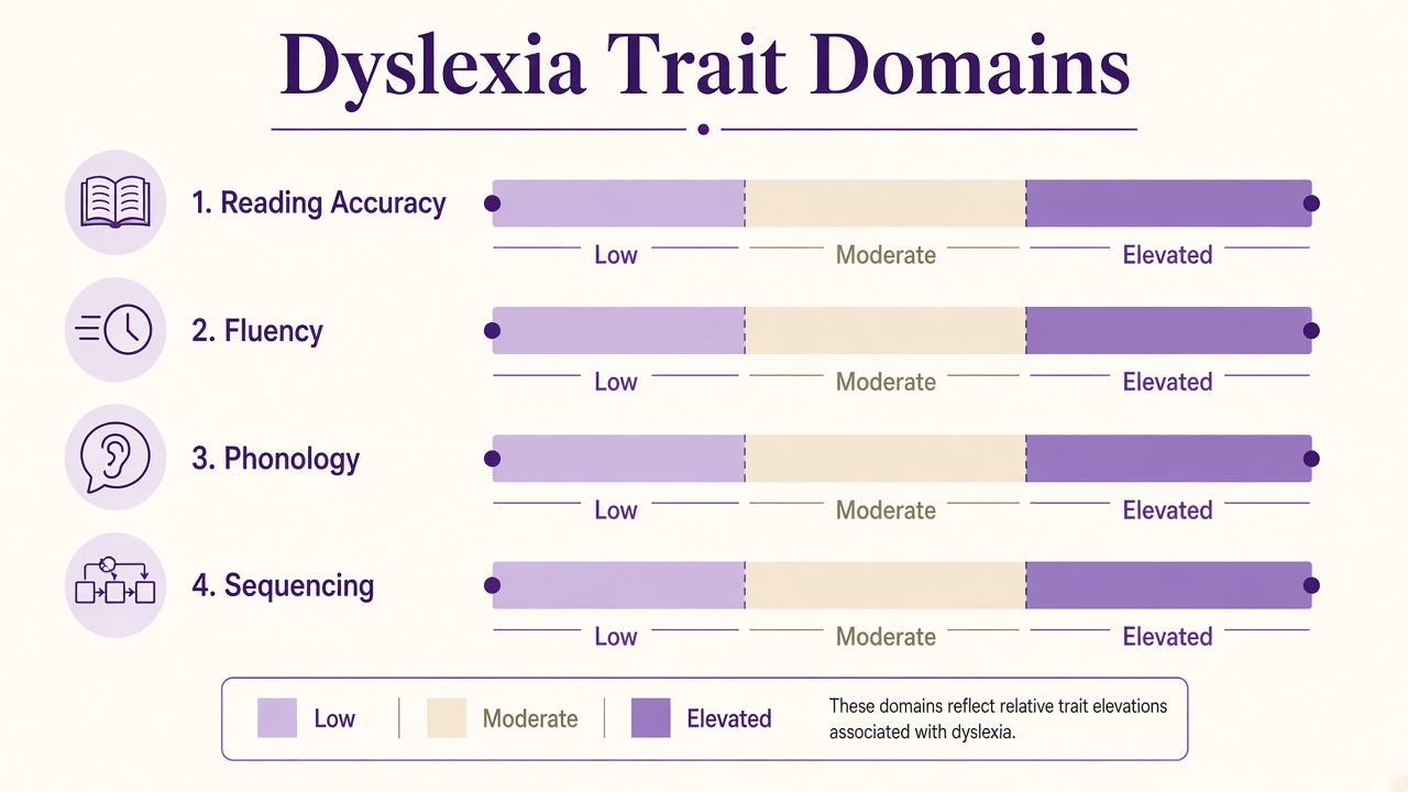 Dyslexia screening diagram with reading accuracy, fluency, phonology, and sequencing domain bars for The Quiz Hub results