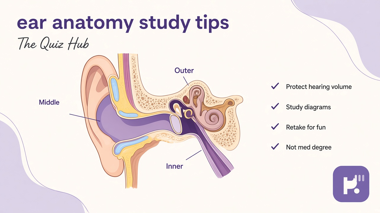 Ear anatomy tips: outer middle inner paths, protect hearing volume, study diagrams, retake for fun, not med degree