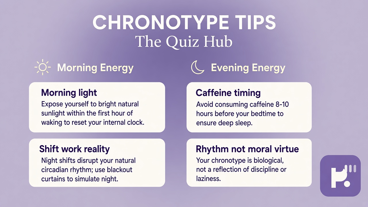 Chronotype tips: morning vs evening energy, morning light, caffeine timing, shift work reality, rhythm not moral virtue