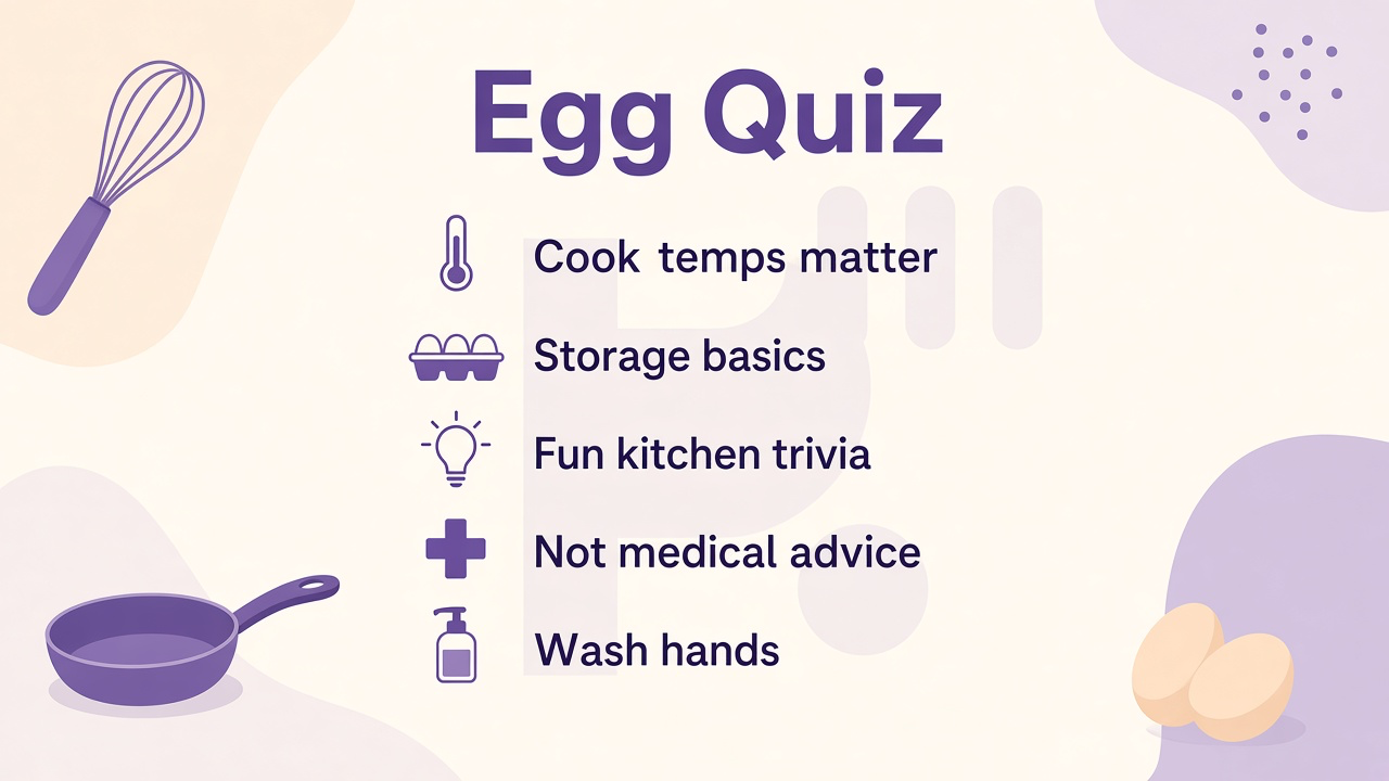 Egg quiz tips: carton dates, cook to safe temps, fridge raw eggs, wash hands, trivia not medical advice