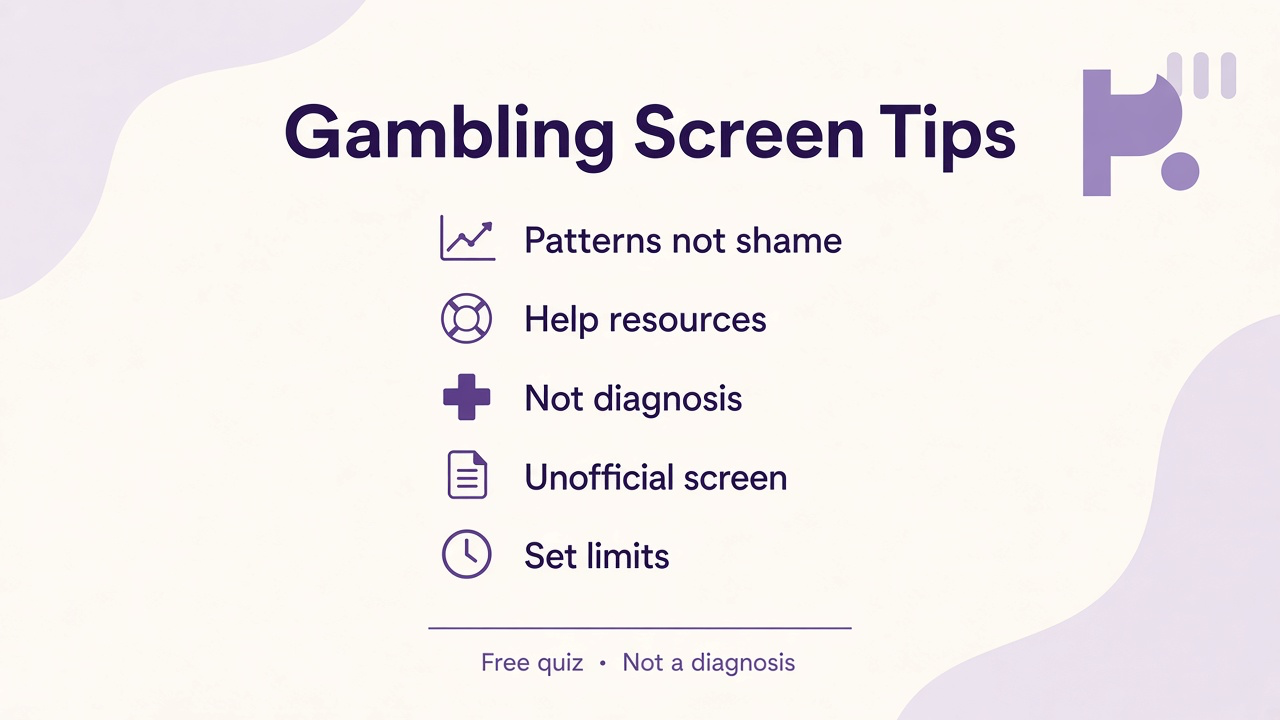Gambling screen tips: set limits, patterns not shame, 1-800-GAMBLER, recovery is real, unofficial not diagnosis