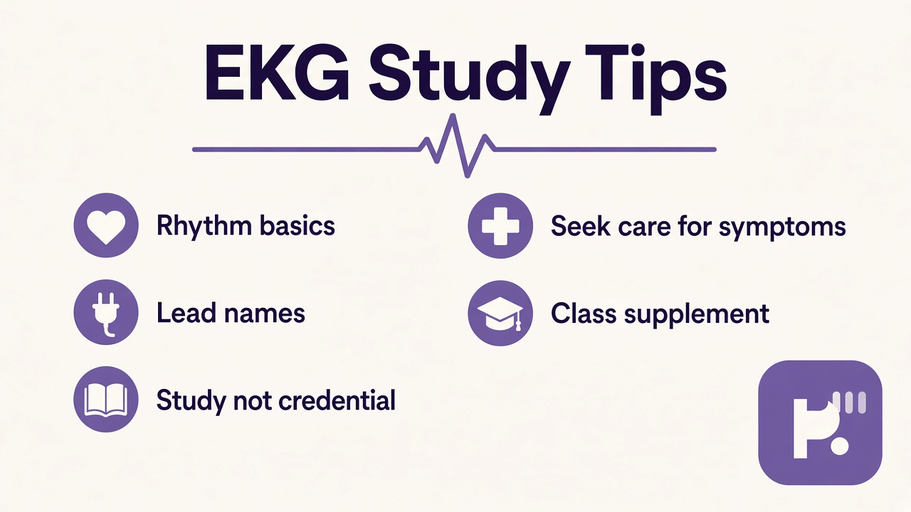 EKG study tips: rhythm strip basics, rate and regularity, artifact checks, study not credential, seek pros for symptoms