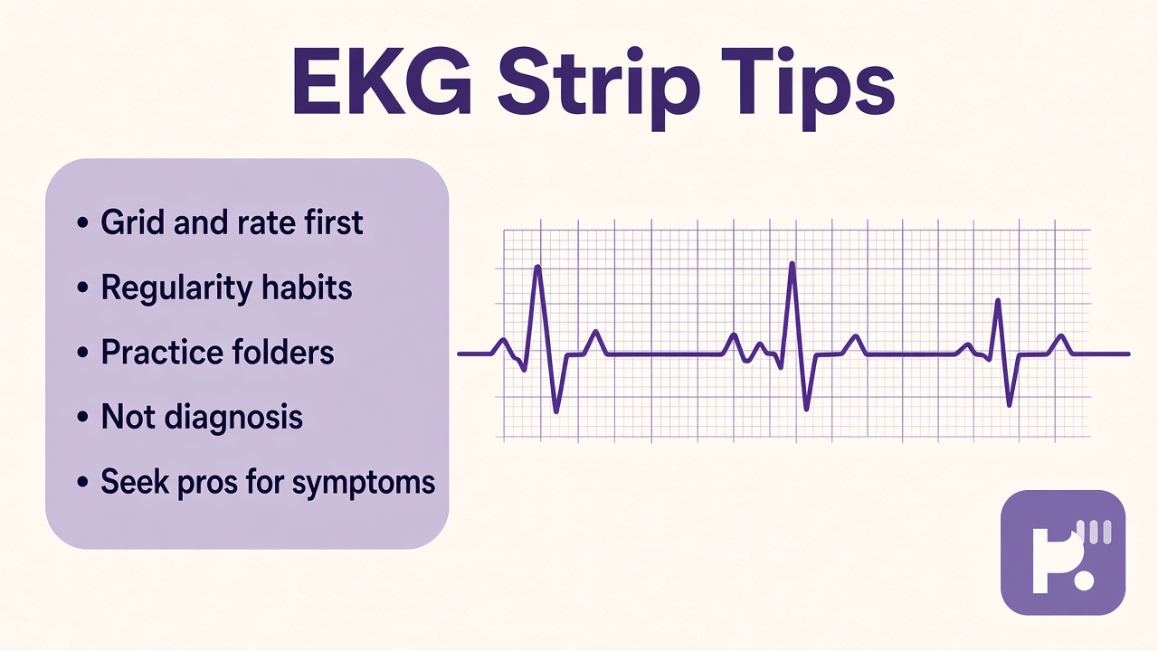 EKG strip tips: grid and rate first, regularity habits, practice folders, not diagnosis, seek pros for symptoms