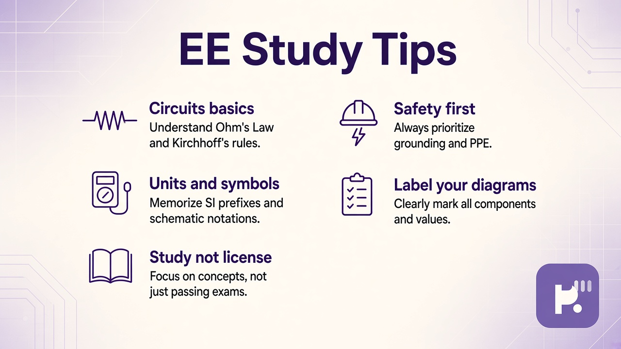 Electrical engineering study tips: Ohm law units, series parallel, AC basics, components labels, study not PE license