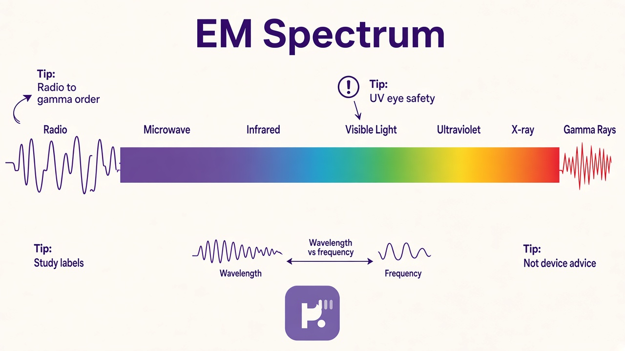 Spectrum study tips: radio to gamma order, UV eye safety, label reading habits, not medical device advice