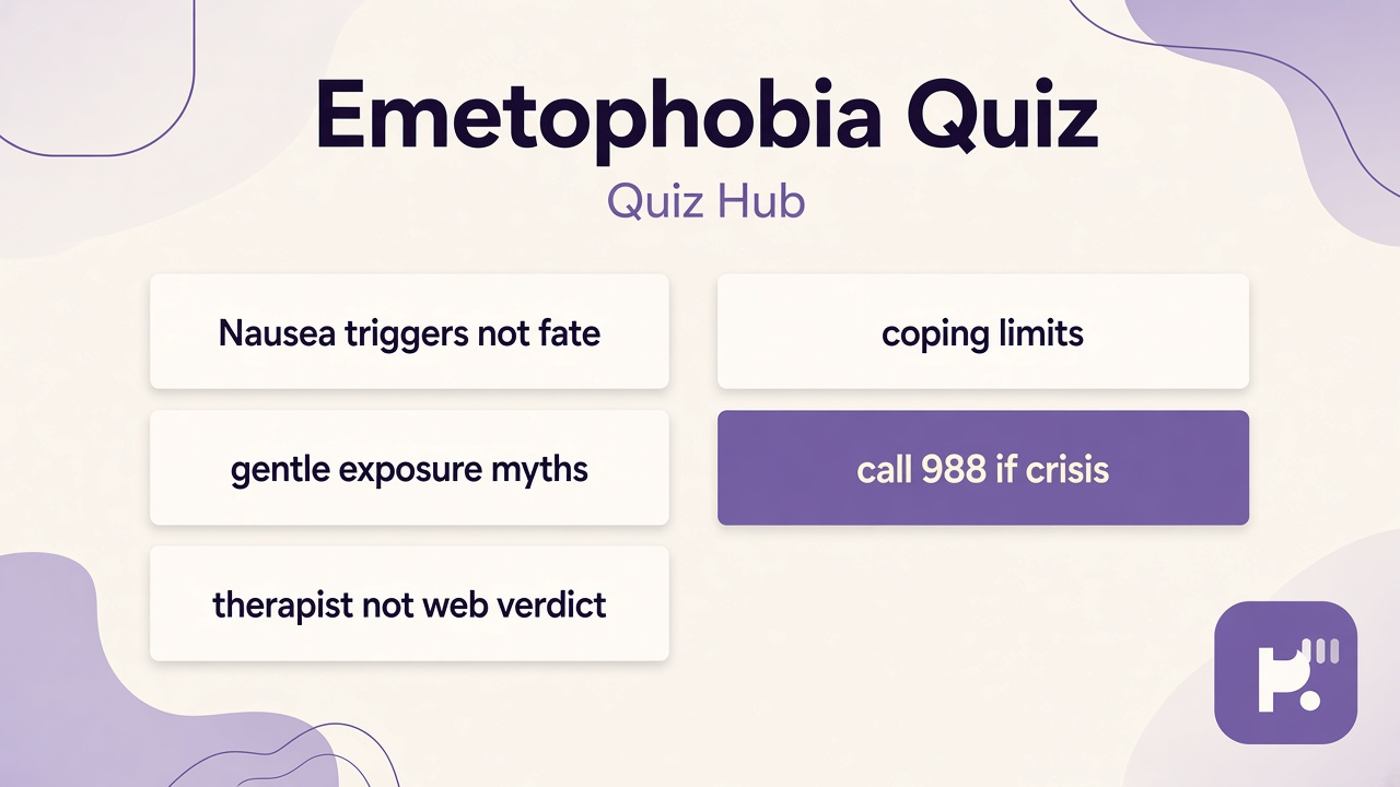 Emetophobia screener tips: notice triggers, name avoidance, coping limits, 988 crisis, study not diagnosis