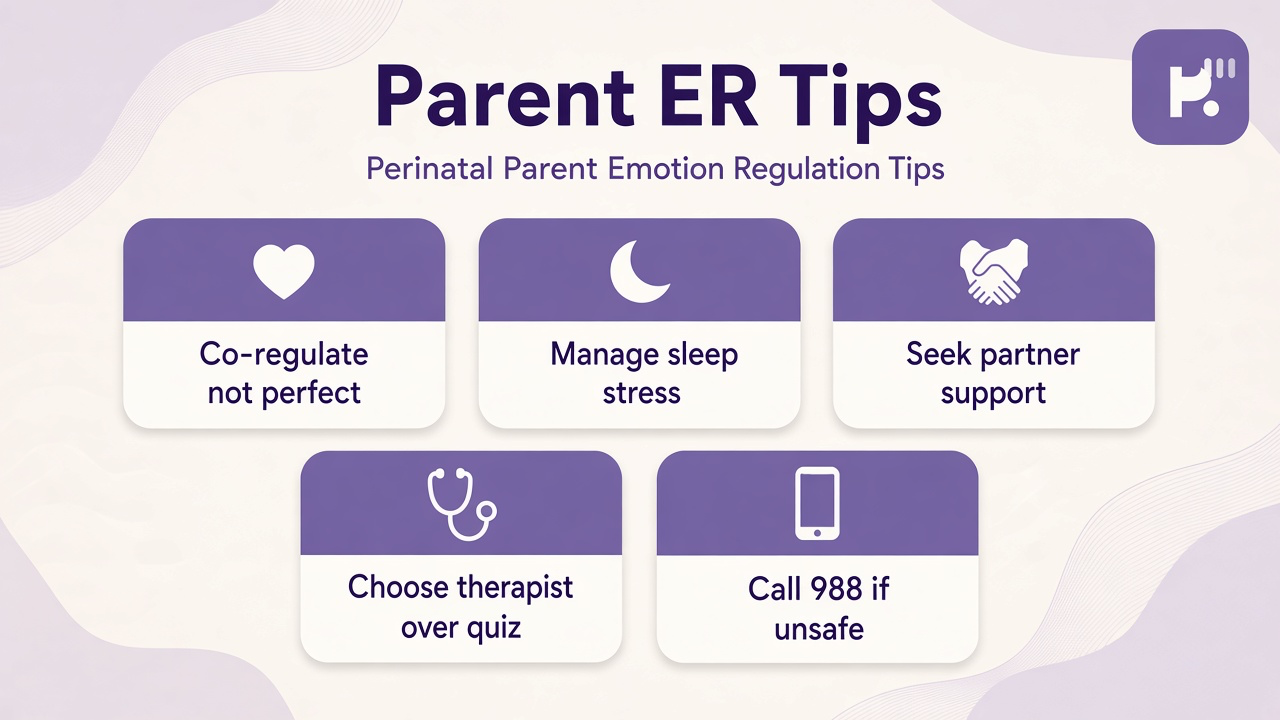 Perinatal parent ER tips: co-regulate not perfect, sleep stress, partner support, therapist over quiz, 988 if unsafe