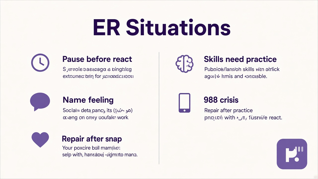 ER situations tips: pause before react, name feeling, repair after snap, skills need practice, 988 crisis