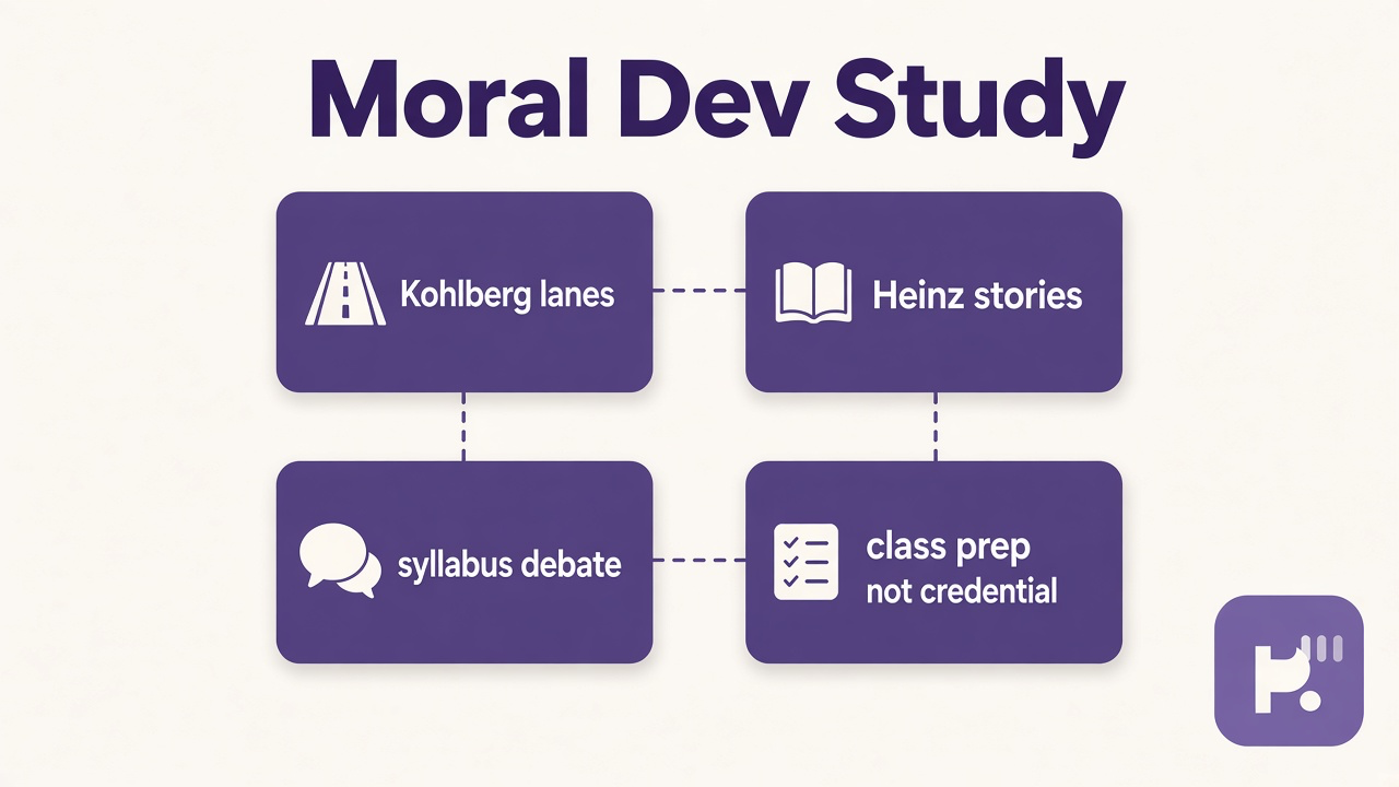 Moral dev study tips: Kohlberg lanes, Heinz stories, syllabus debate, class prep not credential