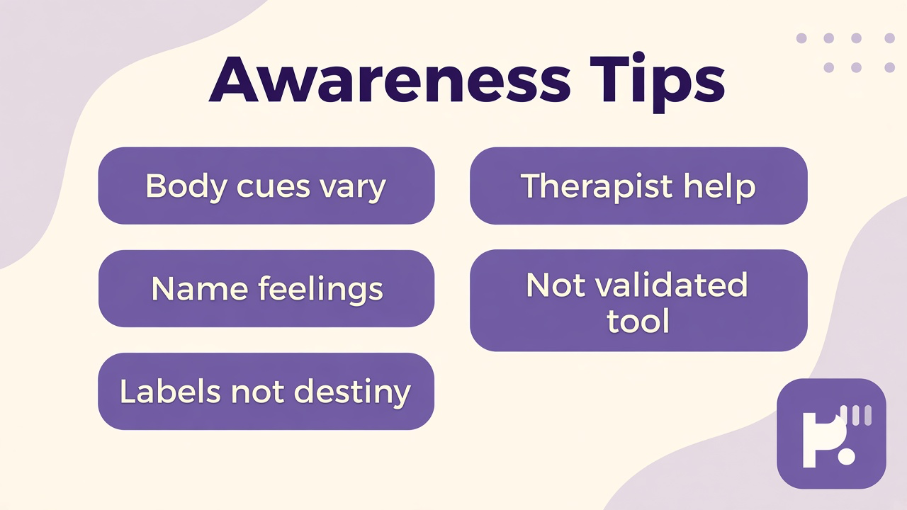 Awareness tips: body cues vary, name feelings, labels not destiny, therapist help, not validated tool