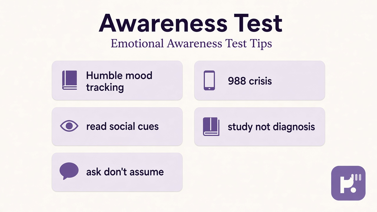 Emotional awareness tips: humble mood tracking, read social cues, ask don't assume, 988 crisis, study not diagnosis