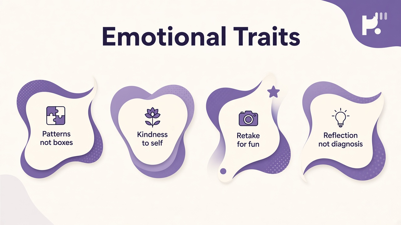 Trait tips: patterns not boxes, kindness to self, retake for fun, reflection not diagnosis